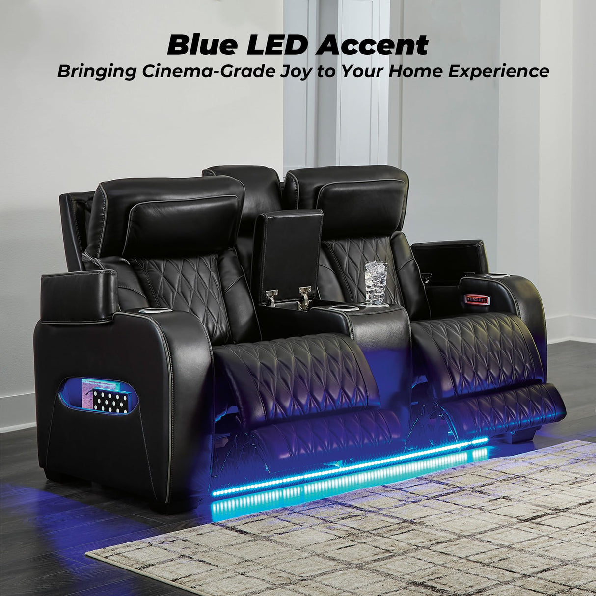 Signature Design by Ashley Boyington Modern Leather Match Power Reclining Loveseat with Console, Adjustable Headrest, Massage, Heated Seat and LED Lights, Black Signature Design by Ashley