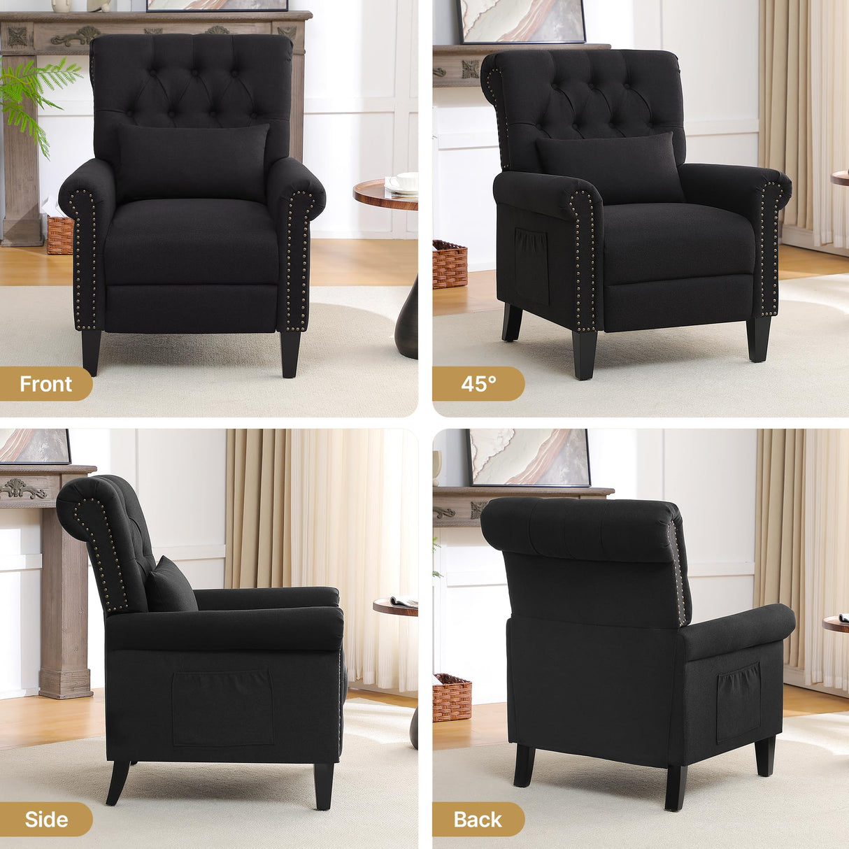 choairy Pushback Recliner Chair, Accent Push Back Chair Set of 2 with Adjustable Footrest Wingback, Upholstered Linen Reclining Sofa with Side Pocket, Comfy Modern Armchair for Living Room, Black choairy