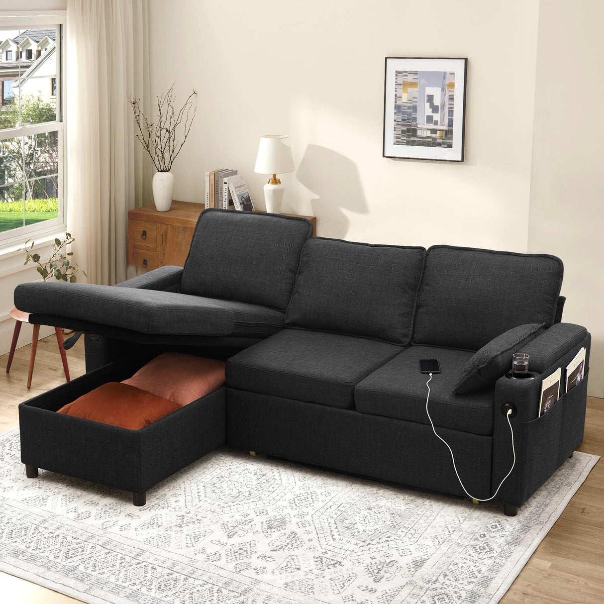 DURASPACE Sofa Bed, Sleeper Sofa Couch with Pullout Bed for Living Room, L Shaped Couch with Storage Chaise, USB, Cup Holder (Dark Gray) DURASPACE