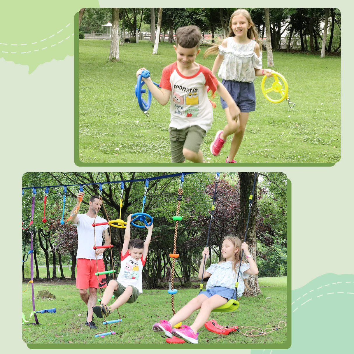 Craft Ninja Warrior Obstacle Course Accessories Kids Outdoor Play - 7pc Rings, 2pc Swing Trapeze Wheels & 2pc Monkey Bars Rainbow Craft