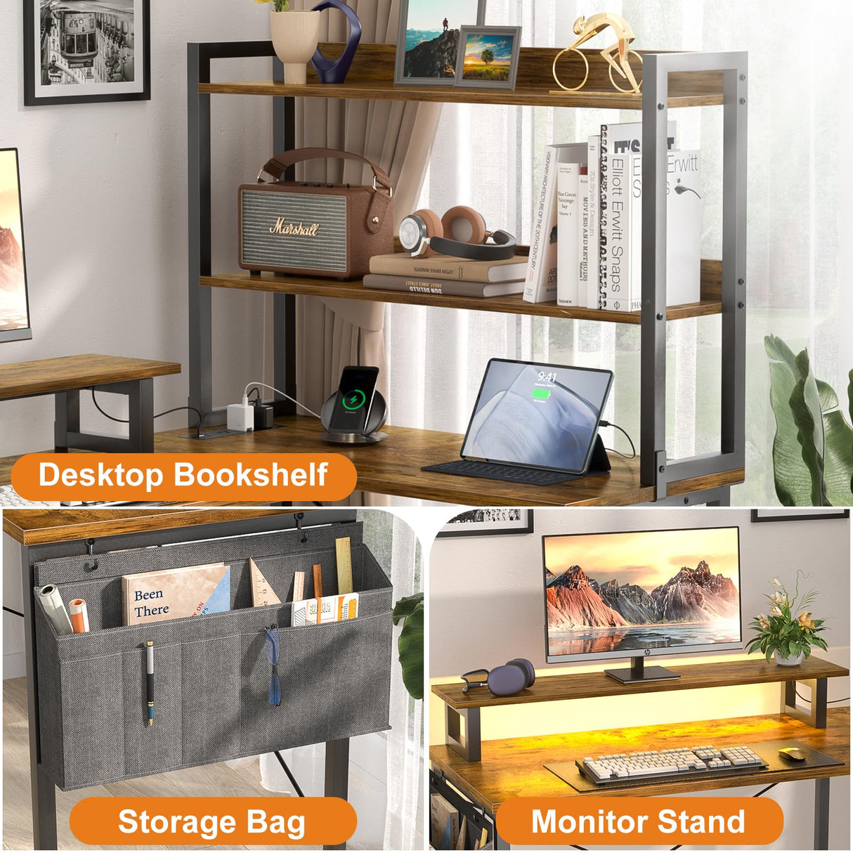 Homieasy 47 Inch Reversible L Shaped Computer Desk with Bookshelf & LED Light in Rustic Brown Homieasy