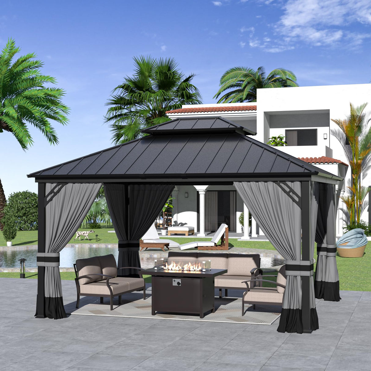 Kurapika 12' x 14' Hardtop Outdoor Metal Gazebo with Galvanized Steel Double Roof Canopy, Curtain and Netting, Aluminum Permanent Pavilion Gazebo, Grey Kurapika