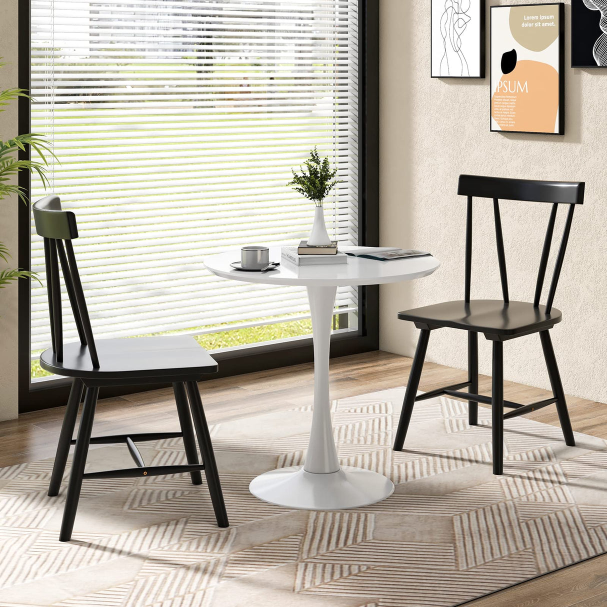 Giantex Set of 2 Windsor Chairs, Rubber Wood Dining Chairs with Spindle Back, Wide Seats, Anti-Slip Foot Pads, Max Load 330 Lbs, Armless Wood Dining Side Chairs for Dining Room, Kitchen, Black Giantex