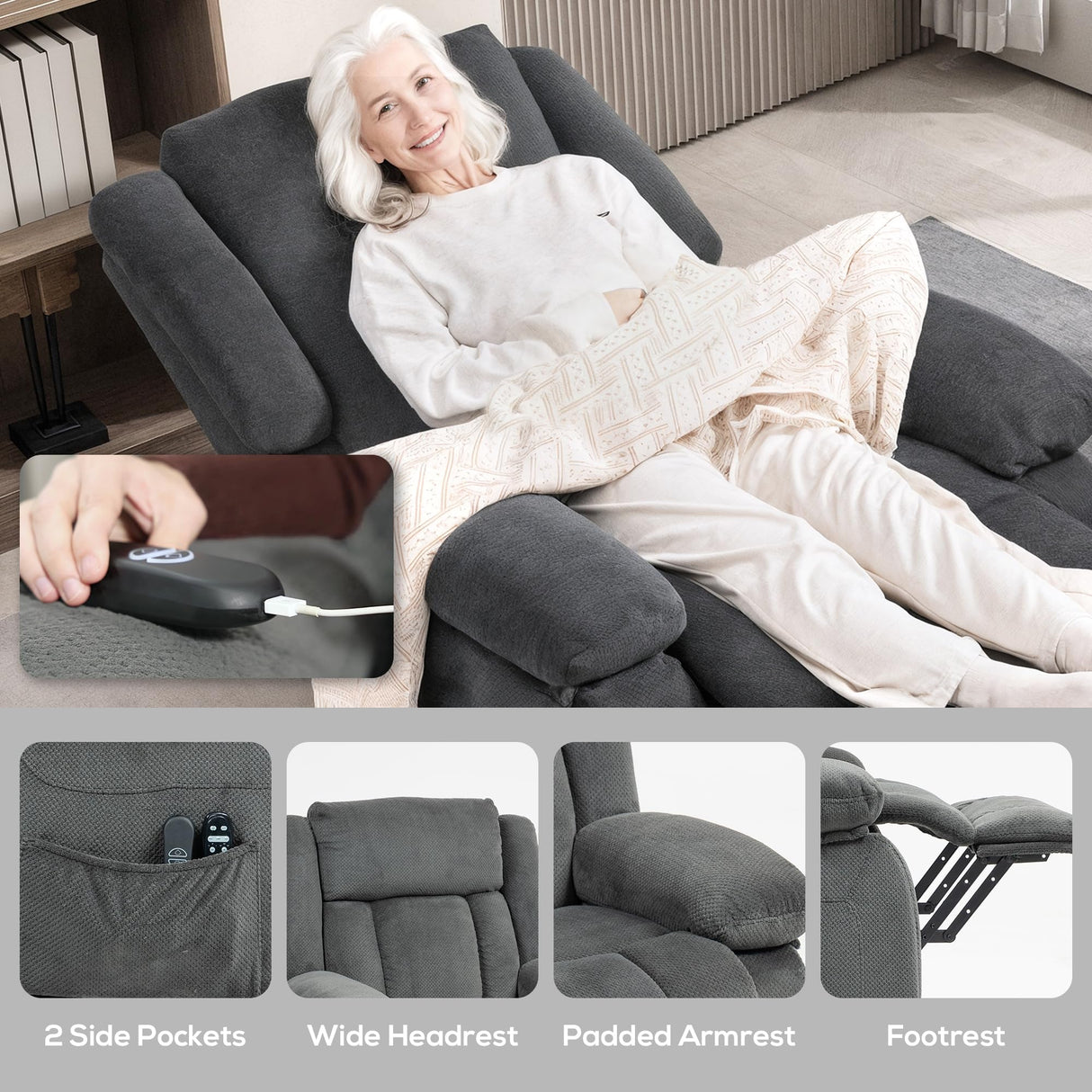 HOMCOM Power Lift Recliner Chair for Elderly with Massage and Heat, Electric Lift Chair, Fabric Massage Chair Recliner with Remote Controllers, USB Ports and Side Pockets, Overstuffed Design, Gray HOMCOM
