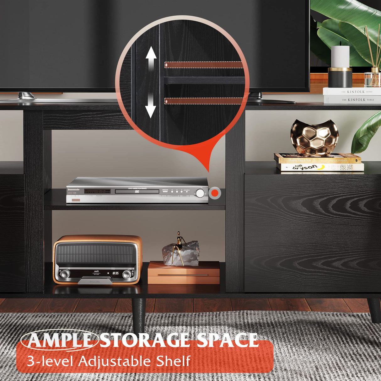 WLIVE TV Stand for 65 Inch TV, 58 inch Entertainment Center with 2 Storage Cabinets, Media Console for Living Room, Bedroom and Office, Black WLIVE