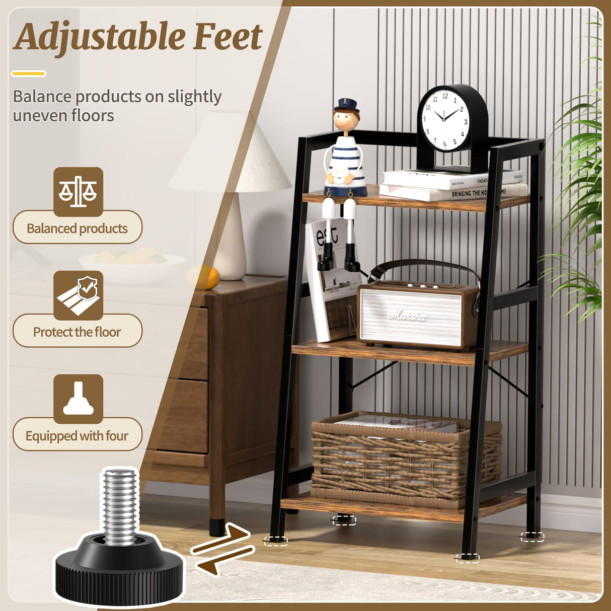 3-Tier Bookshelf, Ladder Shelf, Industrial Bookcase with Steel Frame, Metal Small Bookcase, Stand up Shelves for Living Room, Home Office, Kitchen, Bedroom, Industrial Style(Rustic Brown & Black) Homedawn