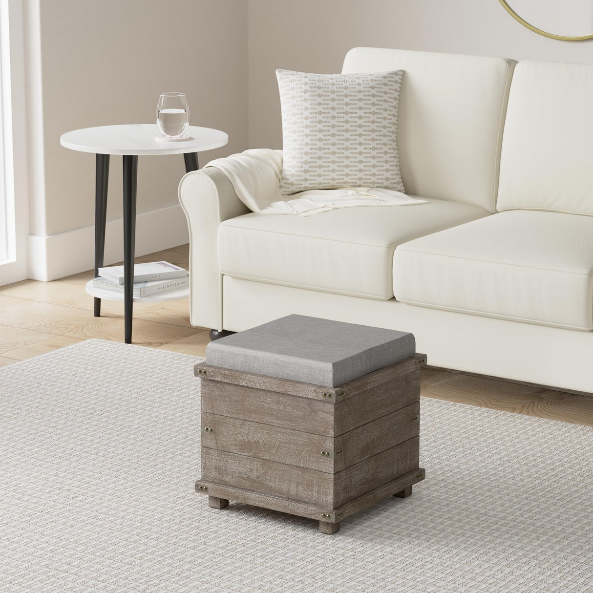 Cortesi Home Scusset Storage Chest Tray Ottoman in Fabric and Wood, Grey, 15.75"W x 15.75"L x 15.5"H Cortesi Home