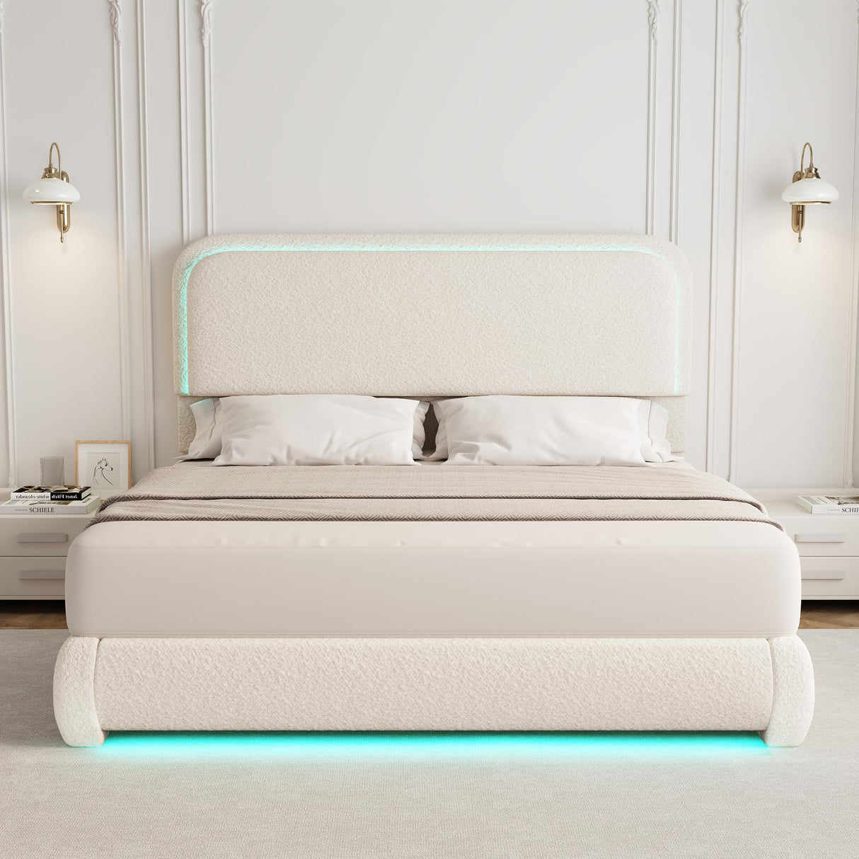 Full Bed Frame, Soft Teddy Fleece Upholstered Platform Bedframe with Thickened Rounded Corners Headboard Footboard, Modern Curved Shaped Cloud Bed Frame with LED Lights, No Box Spring Needed, Cream SIBEDS