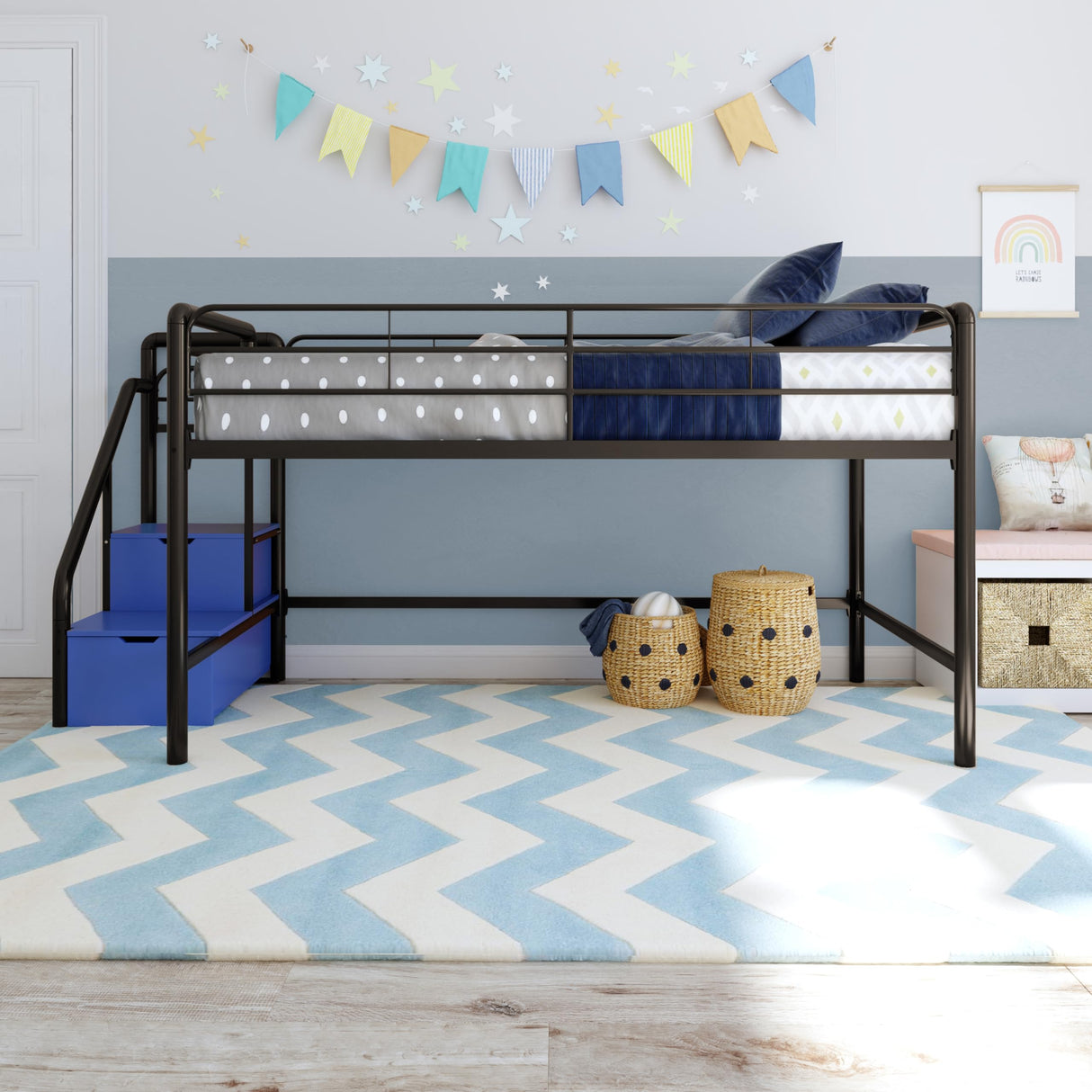 DHP Junior Twin Metal Loft Bed with Storage Steps, Multifunctional Space-Saving Solution - Black with Blue Steps DHP