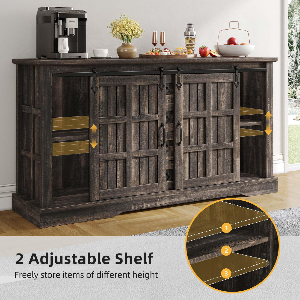 DWVO Farmhouse Sideboard Buffet Cabinet with Storage, Large Kitchen Storage Cabinet w/Sliding Barn Doors and Drawers for Dining Room, Living Rool, Dark Rustic Oak DWVO