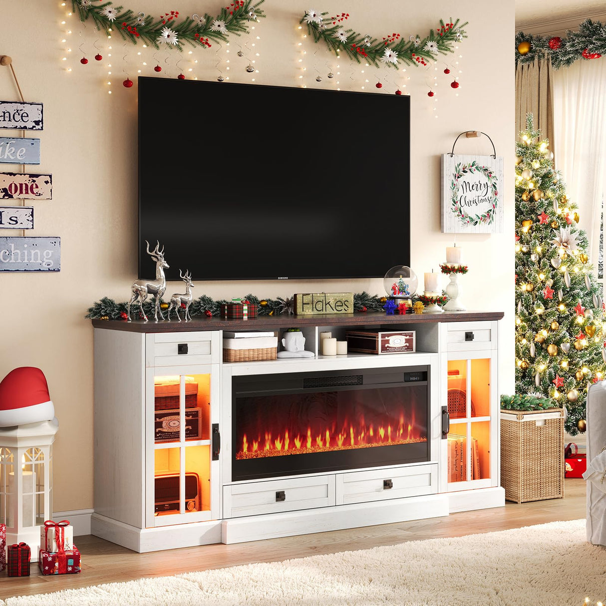 LUXOAK 70'' Large Fireplace TV Stand with 42" Fireplace, Farmhouse Entertainment Center with LED Lights for TVs up to 80'', Highboy TV Console Table with Glass Door for Living Room, Barnwood+White LUXOAK