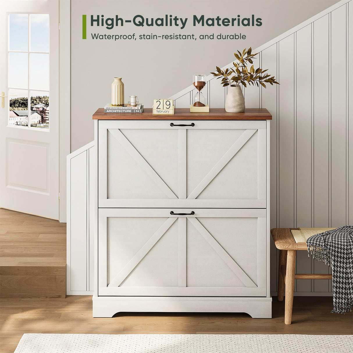 Smart FENDEE Shoe Storage Cabinet with 2 Flip Drawers, Narrow Entryway Organizer, Farmhouse Style with Wooden Feet, Slim Shoe Rack, White Smart FENDEE