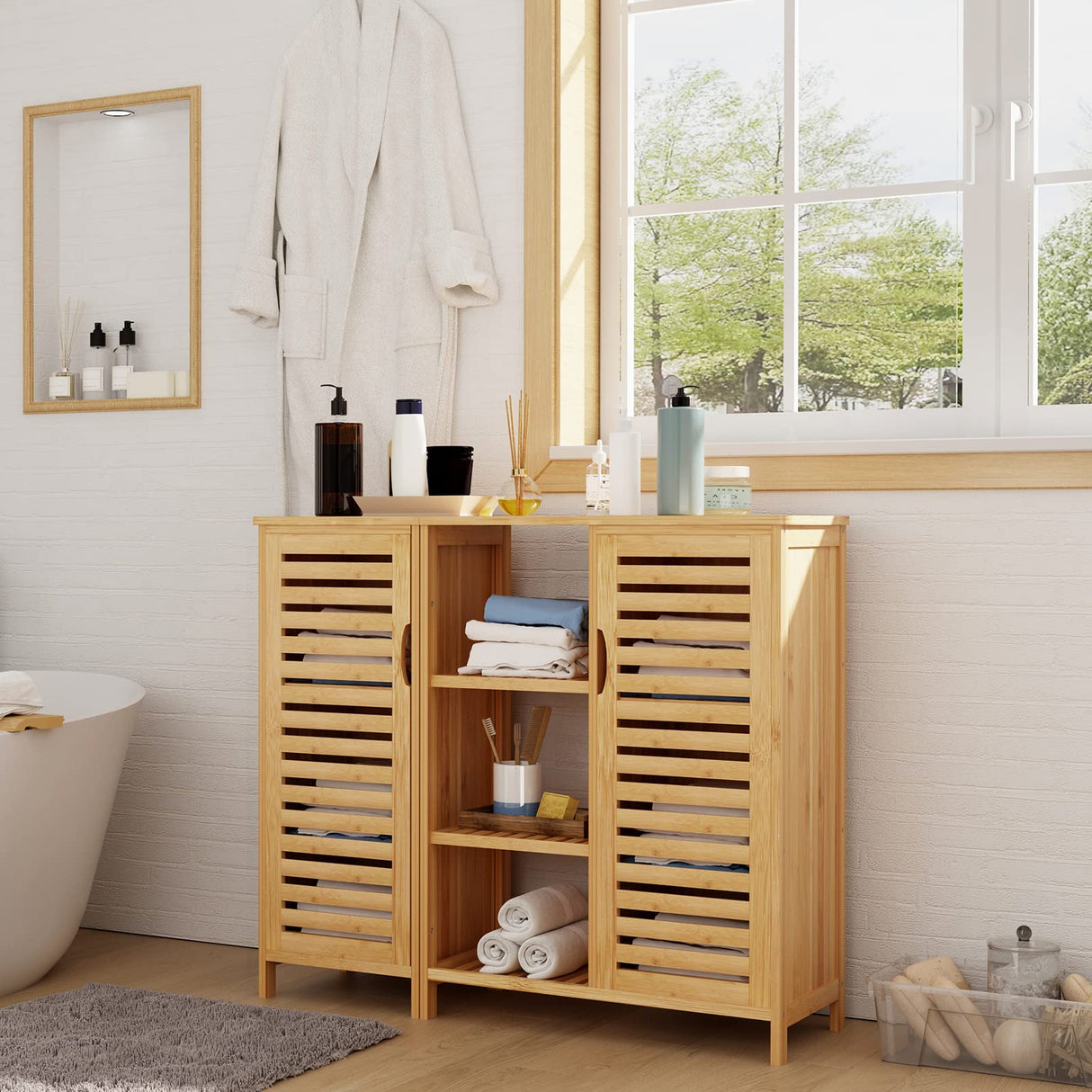 Stylish 39.3 inch Bamboo Bathroom Storage Cabinet with 2 Doors and 3-Tier Open Shelf by sogesfurniture sogesfurniture