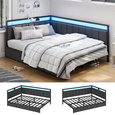 Hasuit Corner Bed Frame with Storage Drawers, Full Daybed with Line Fabric Upholstered Fence, Kids Bed Unit with LED Light and Charging Station, Modern Bed Frame Full Size, Gray
