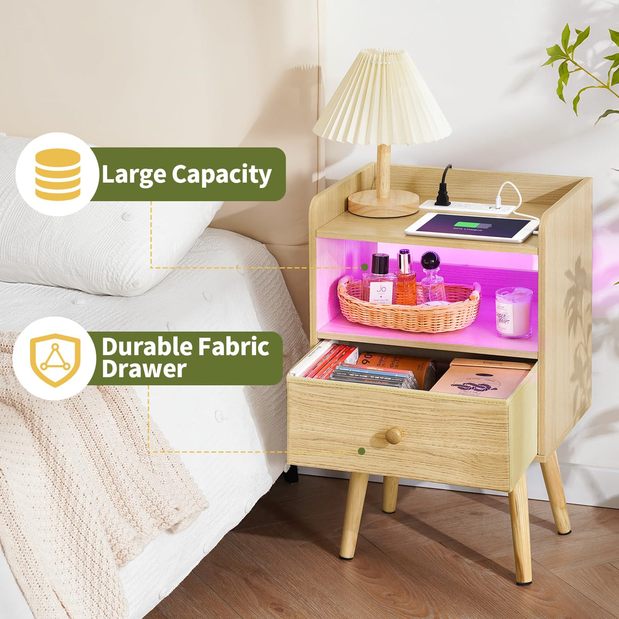 Yoobure Nightstand with Charging Station, Modern Night Stand with LED Lights, Wood Nightstands with Fabric Drawer & Storage Shelf, Night Stands Bedside Table with USB Ports for Bedroom, Office, Home Yoobure