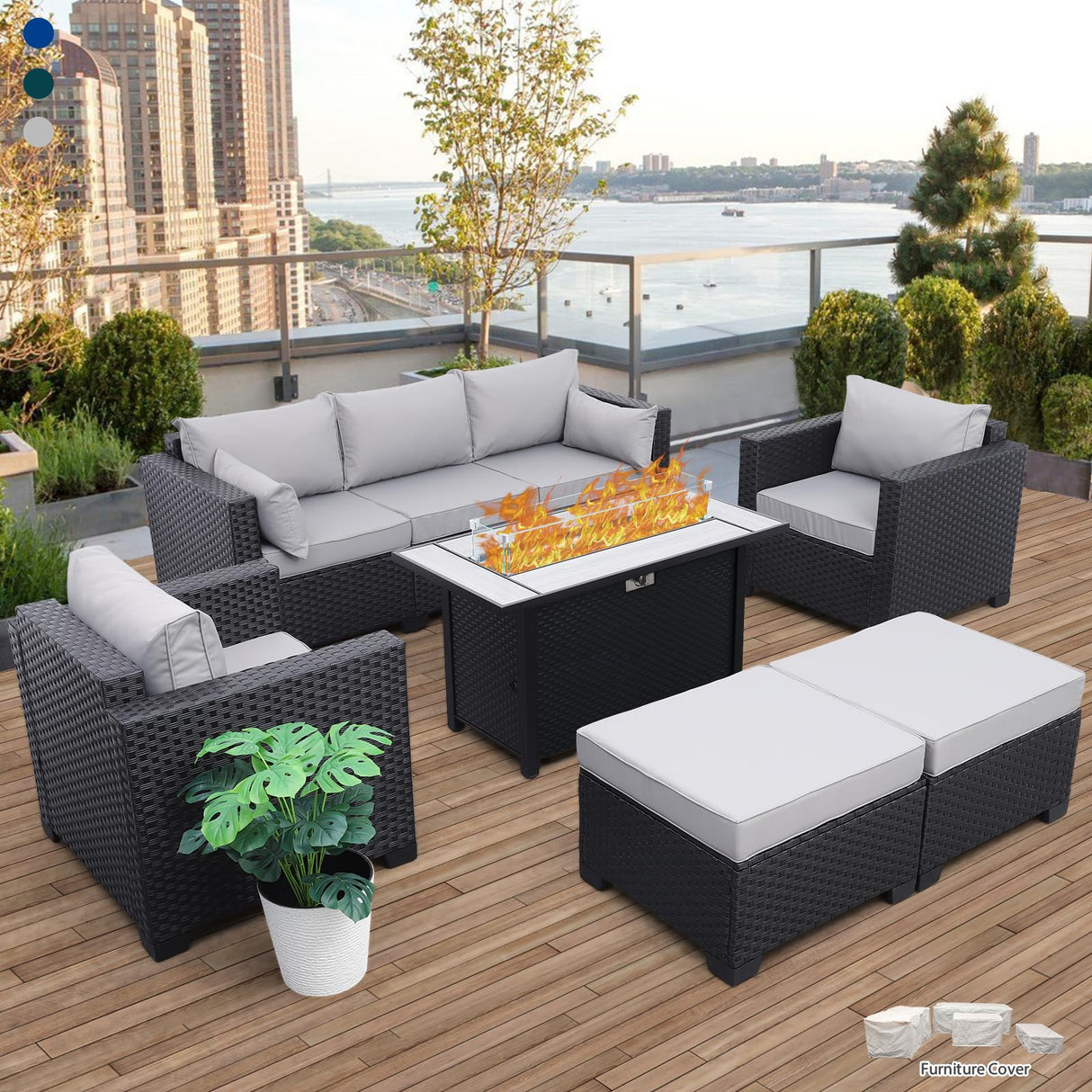 Patio Furniture Set 45 In Outdoor Fire Pits 6 Pieces Outdoor Patio Furniture 60000 BTU Outdoor Propane Fire Pit Table Patio Sofa Outdoor Chairs Anti-slip Cushions Waterproof Covers, Light Grey Rattaner