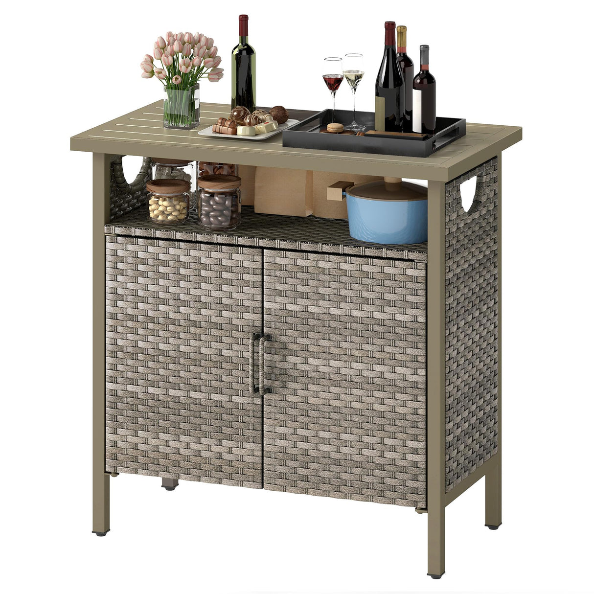 DWVO Patio Storage Cabinet, Outdoor Buffet Cabinet with Two Doors and Shelves, Outdoor Storage Table with PE Rattan for Patio, Backyard, Garden - Light Brown DWVO