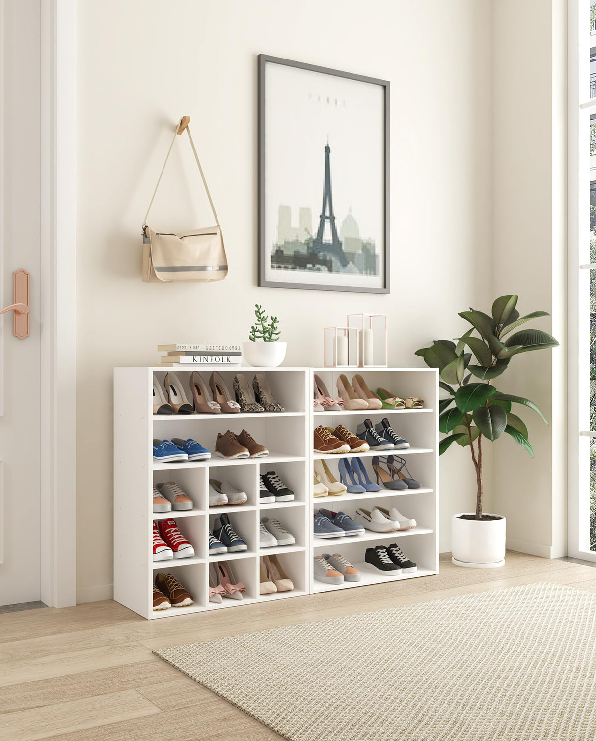 HAIOOU Shoe Cubby, 9-Cube Stackable Wood Shoe Rack Organizer 5-Tier Freestanding Wooden Shoe Stand with 2 Storage Shelf for 10-15 Pairs, Ideal for Apartment, Entryway, Closet Organization - White HAIOOU