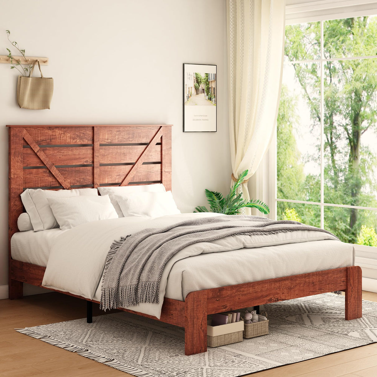 DSHADE Farmhouse Queen Wooden Platform Bed Frame with Headboard – Sturdy, Noise-Free, and Easy Assembly DSHADE