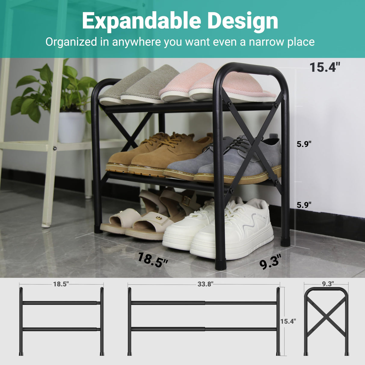 YEASHEIN 2-Tier Expandable Shoe Rack for Closet, Adjustable Shoe Organizer Metal Shoe Shelf for Entryway, Garage & Corridor, Free Standing Shoe Holders, Easy to Assemble YEASHEIN