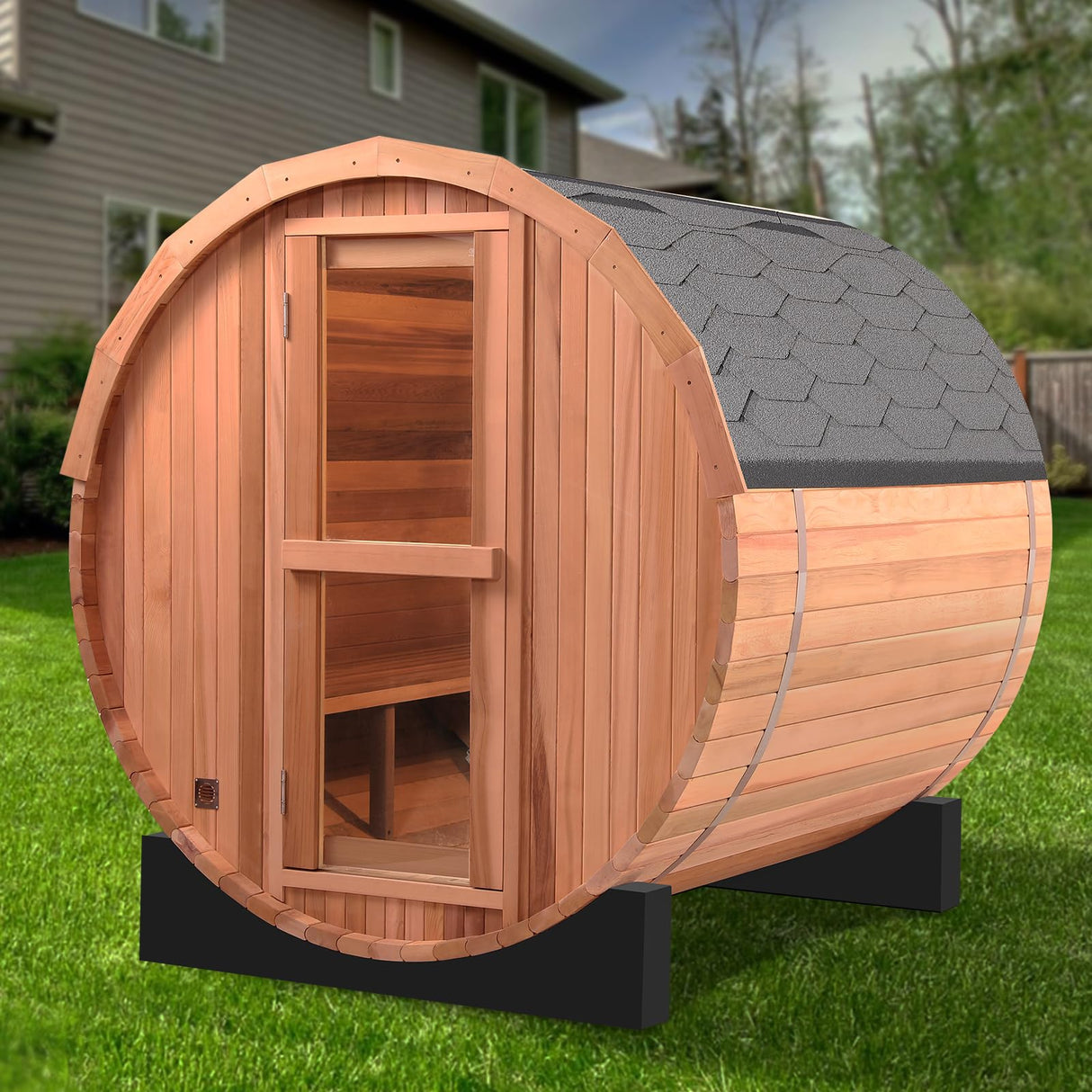 iDOTODO Outdoor Barrel Steam Sauna, 4-6 Person Wood Sauna Room with 6kw Harvia Electric Heater with Sauna Stone, Canadian Helmock Wooden Sauna, Sauna Accessories and Asphalt Shingle Roof (Red Ceder) iDOTODO