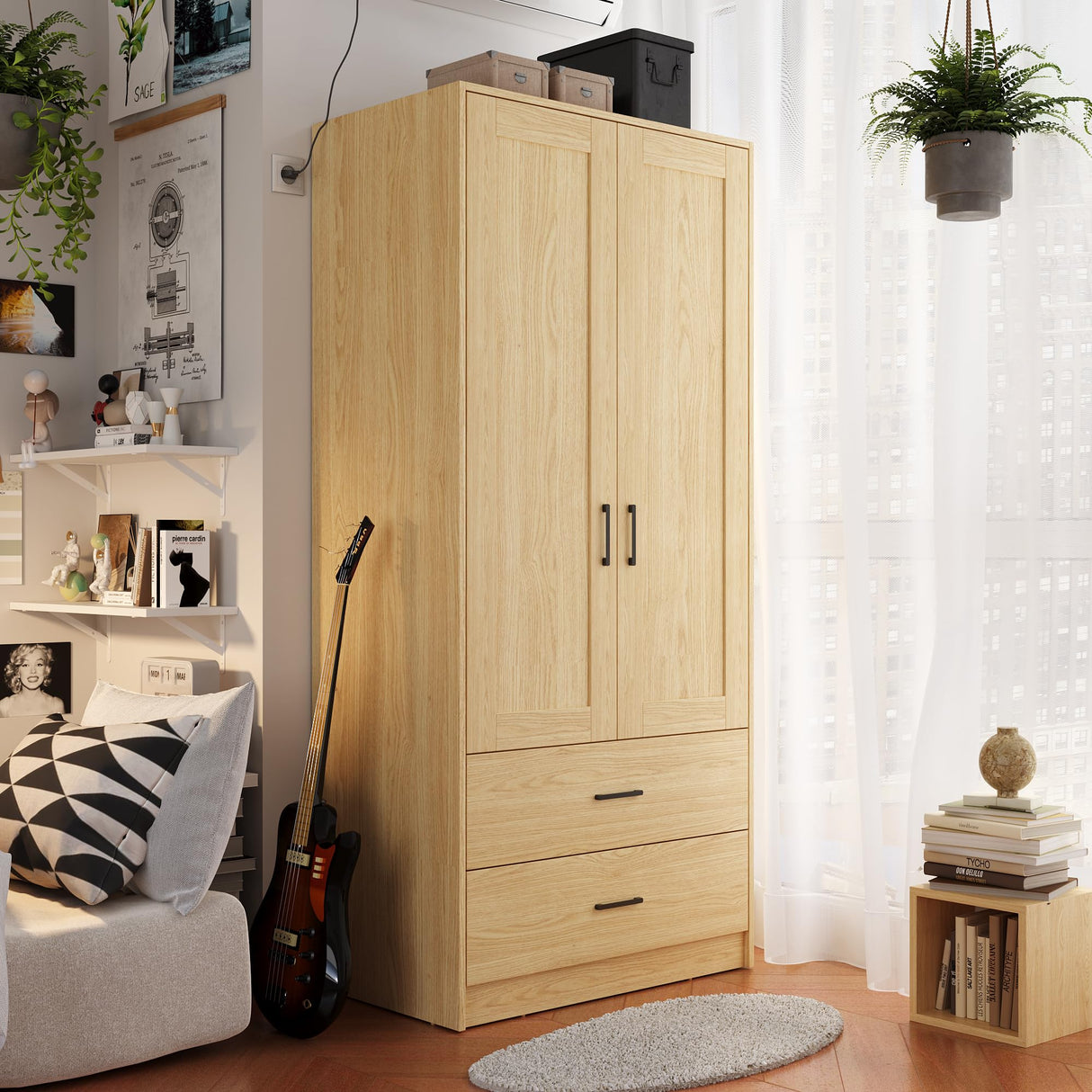 Fddevelop Wood White Wardrobe Closet with 2 Doors,Bedroom Freestanding Armoire Storage Cabinet with Shelves,Wooden Wardrobe Combination for Hanging Clothes (Wood Grain) (Wood Grain and 2 Drawer) Fddevelop