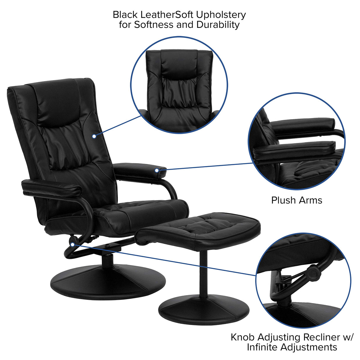 Flash Furniture Rachel Contemporary Multi-Position LeatherSoft Recliner Chair with Ottoman, 360-Degree Swivel Recliner Chair and Ottoman Set, Black Flash Furniture