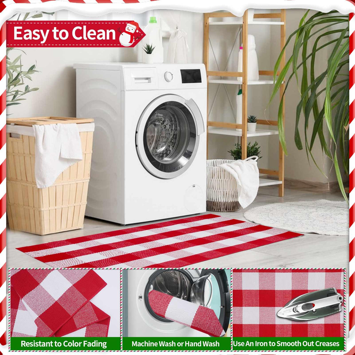 Christmas Red and White Plaid Rug 27.5 x 43 Inches, Hand-Woven Indoor/Outdoor Layered Cotton Blend Buffalo Plaid Rug, Washable Front Door Mat, Perfect for Porch, Living Room, Entryway PIXFAIRY