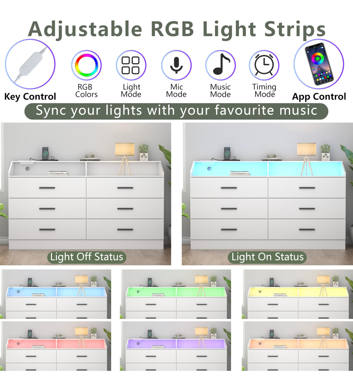 Gyfimoie 6 Drawer Dresser for Bedroom with Charging Station, Dresser with LED Light, Chest of Drawers for Closet, Modern Dressers with Open Storage Cubby, Double Wide Dressers (White, 6 Drawers) Gyfimoie