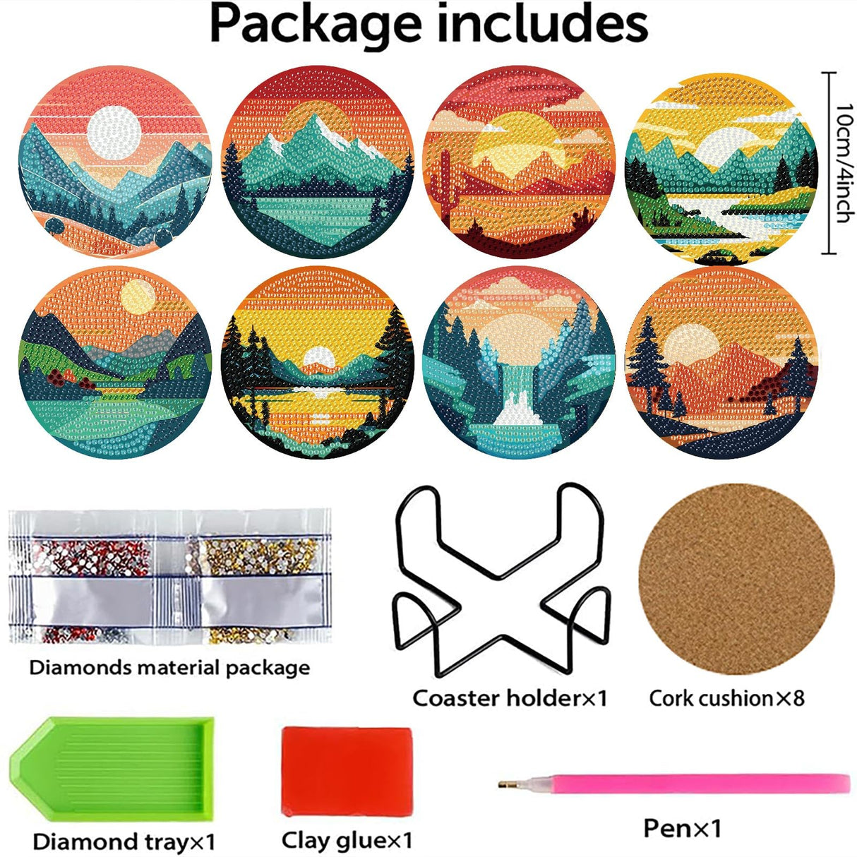 Clendo 8 Pcs Landscape Diamond Art Coasters Kit with Holder, Sunset Small Diamond Art Kits for Adults Beginners, Diamond Painting Coasters Arts and Crafts for Adults Supplies Item Sets Clendo