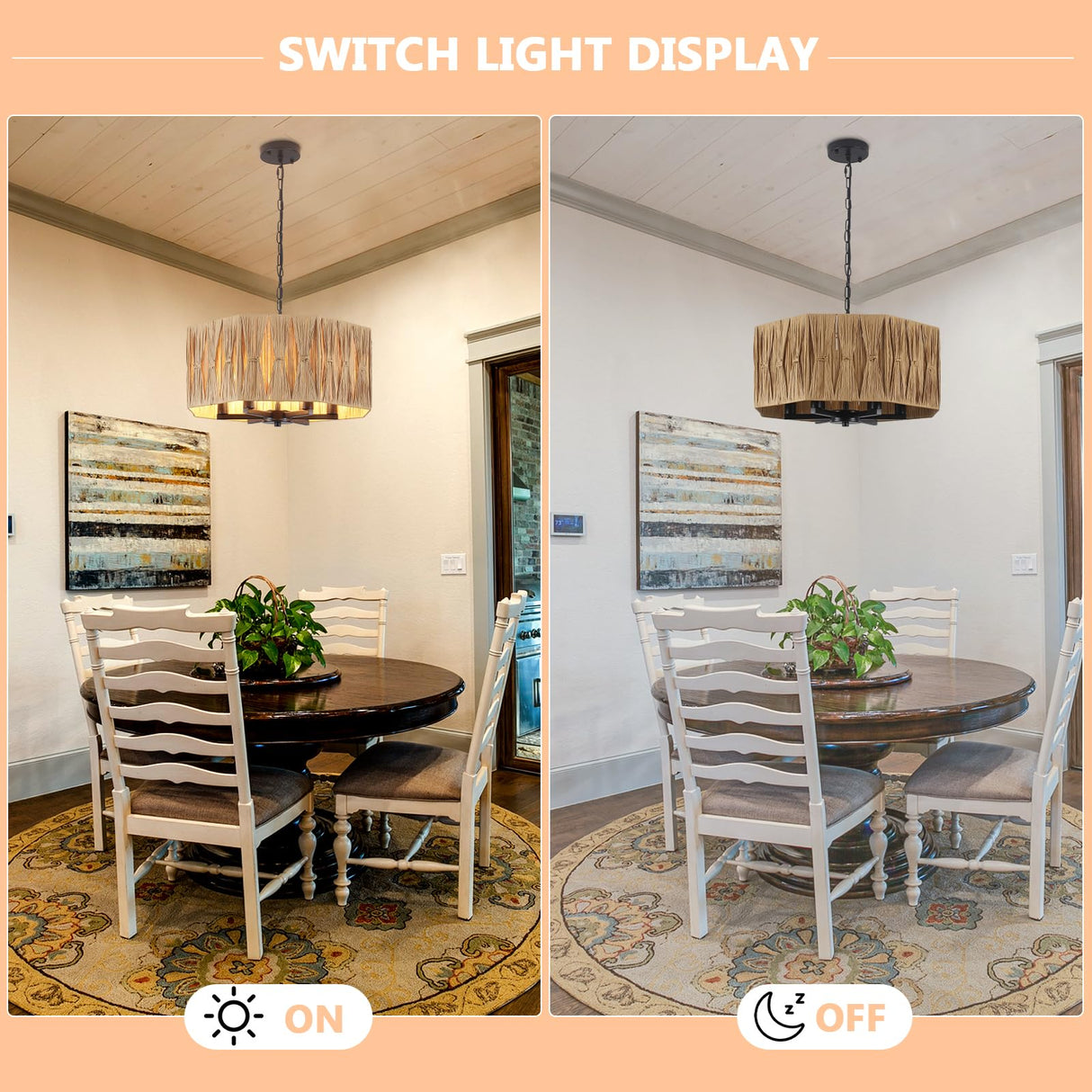 Rattan Drum Chandeliers for Dining Room Light Fixture, 6-Light Hand Woven Farmhouse Chandelier with Wicker Shade Coastal Large Pendant Lights Boho Chandeliers for Kitchen Living Room Foyer Entryway ANKYLHUA