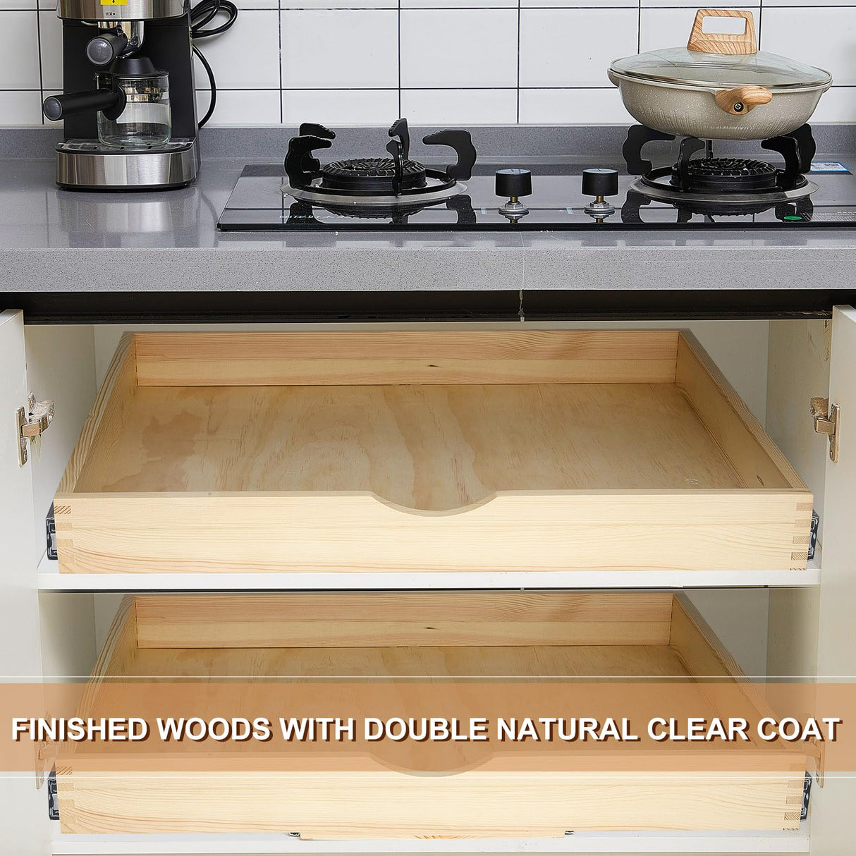 Menkxi 2 Set Pull out Tray Cabinet Organizer Wooden Pull out Drawers Organizer Slide out Pantry Shelf for Base Cabinet Kitchen Gentle Close Fully Assembled Storage Accessories(27'' X 21'' X 3") Menkxi