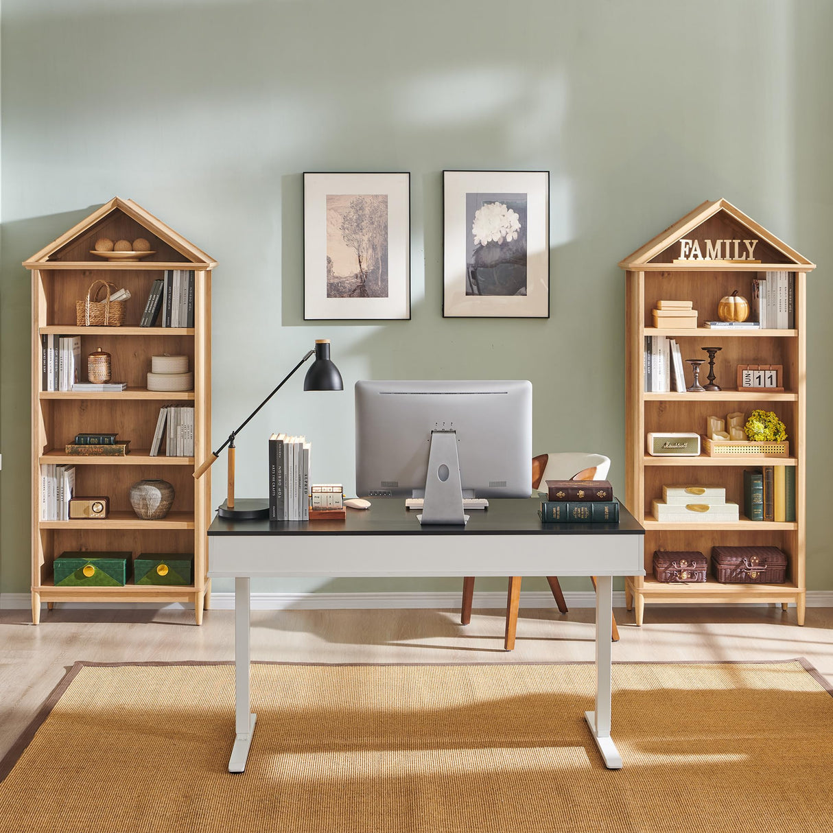 75.9" Tall Farmhouse Bookcase, Angle Arched 5 Tiers Large Bookshelf with Adjustable Shelves, Modern Wooden Geometric Book Shelf w/Storage and Open Display Shelves for Living Room, Office-Natural IFGET