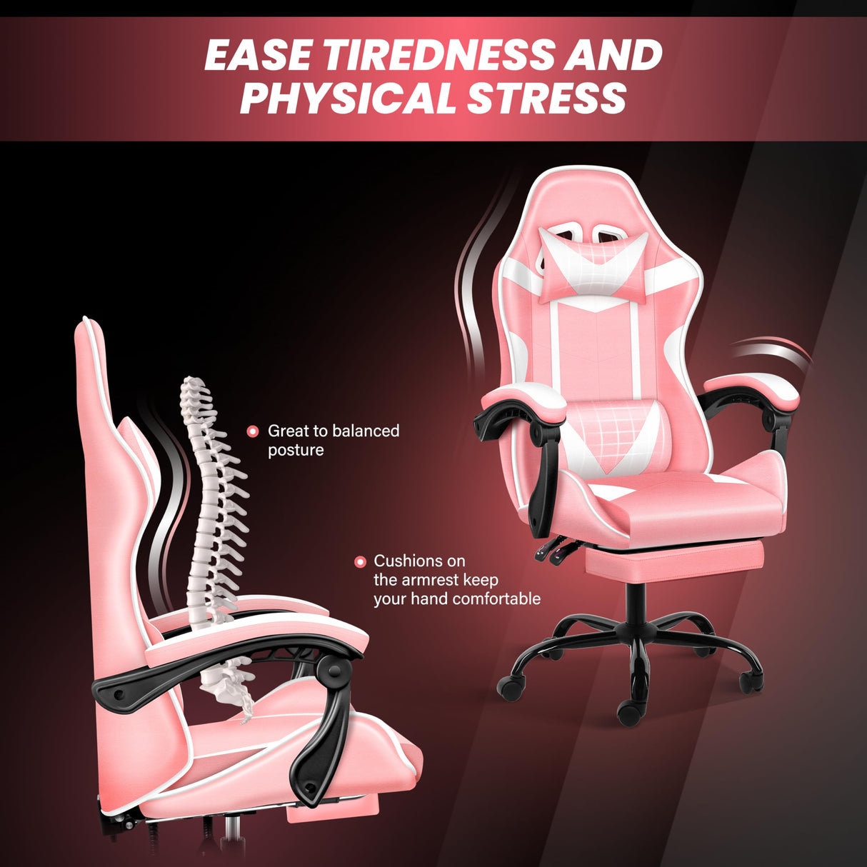 YSSOA Gaming Chair, Computer Chair with Footrest, Height Adjustable & 90°-135° Tilt Function, Swivel Recliner Ergonomic Racing Style Video Game Chair with Lumbar Support (Pink/White) YSSOA