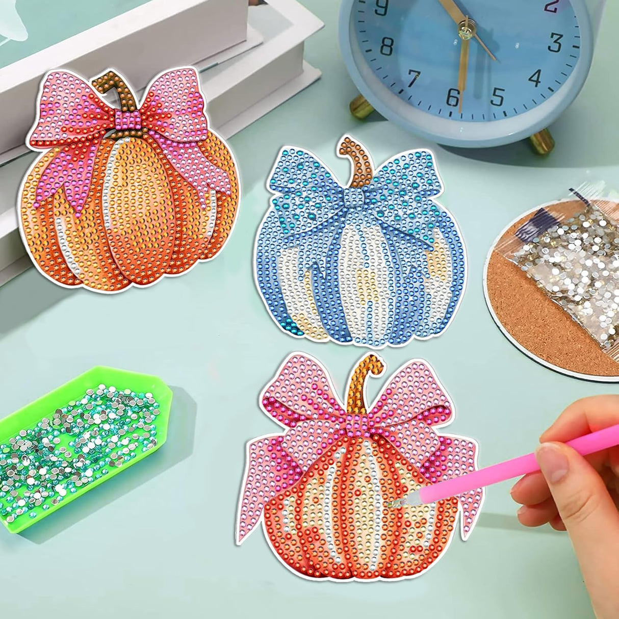 8 Pcs DIY Diamond Art Painting Fashion Pumpkins Coasters with Holder, Diamond Craft Supplies Coasters for Drinks.PUM14 YIMORE