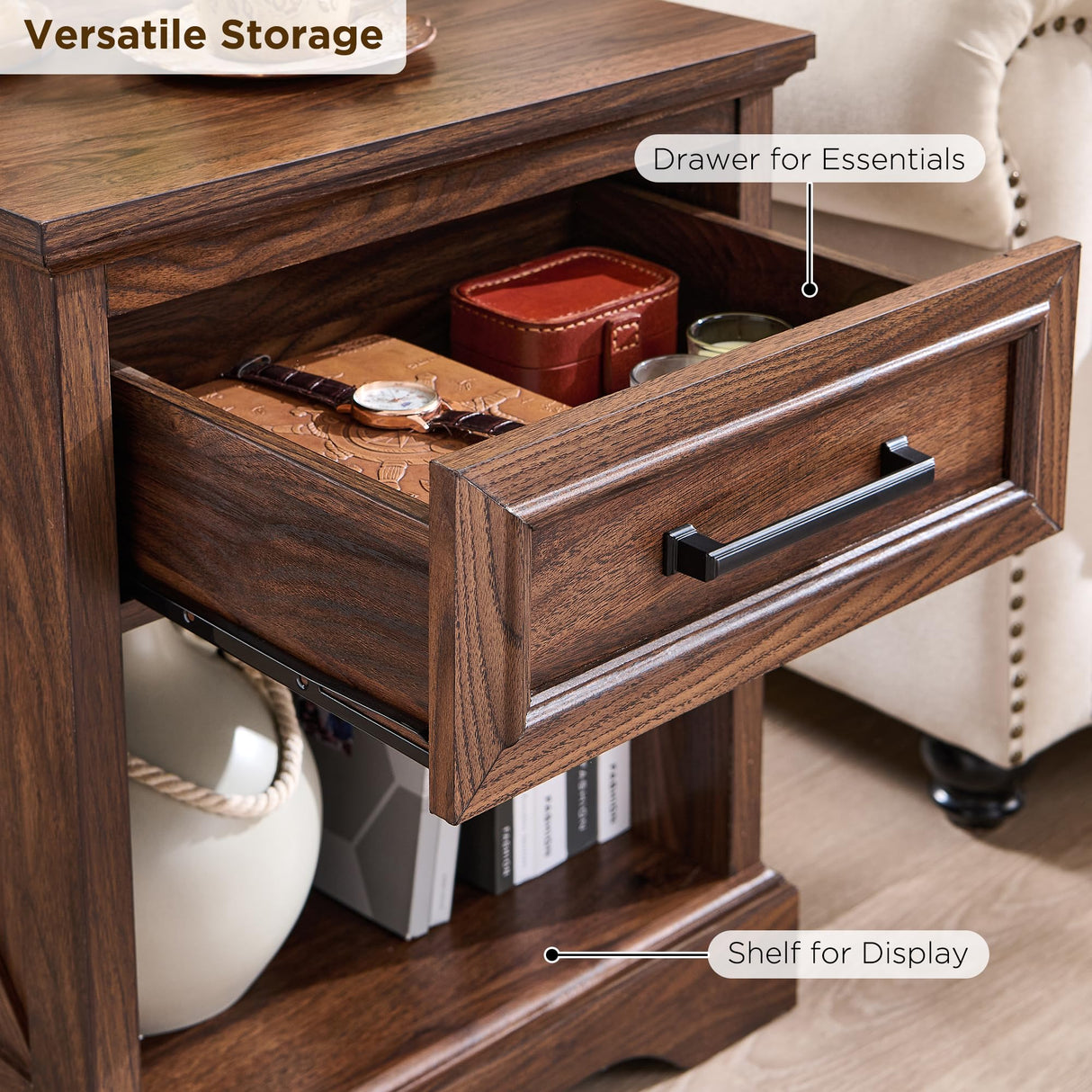 ACCOHOHO 18" Farmhouse Nightstand with Charging Station, Bedside Table with Drawer and Large Open Shelf, Rustic End Table for Bedroom - Brown ACCOHOHO