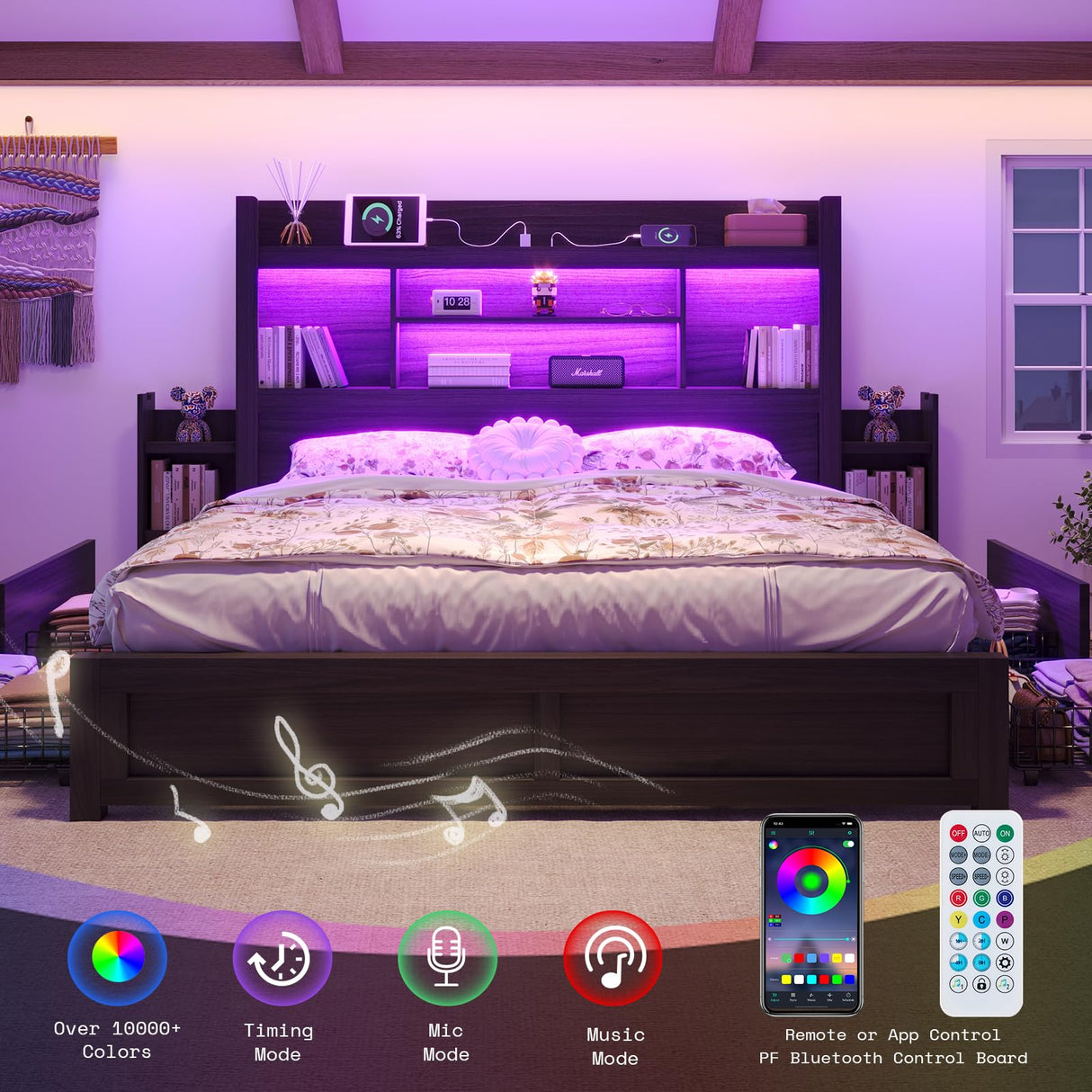 LUXOAK King Bed Frame with 49.6" Bookcase Headboard & 2 Bedside Stoage Racks & 4 Drawers, Farmhouse Wood Bed Frame with RGB LED & Charging Station, No Box Spring Needed, Black LUXOAK