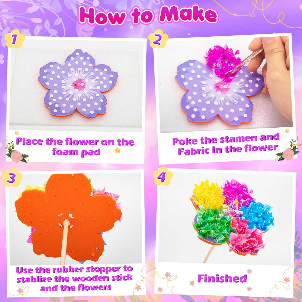 DREACAREFT Poke Art and Craft Flower Bouquet Kits for Girls, 8 Flowers & 2 Butterflies with Wooden Vase, Mess Free DIY Creative Activity, Birthday Gifts Toys for 5 6 7 8+ Year Old Girls DREACAREFT