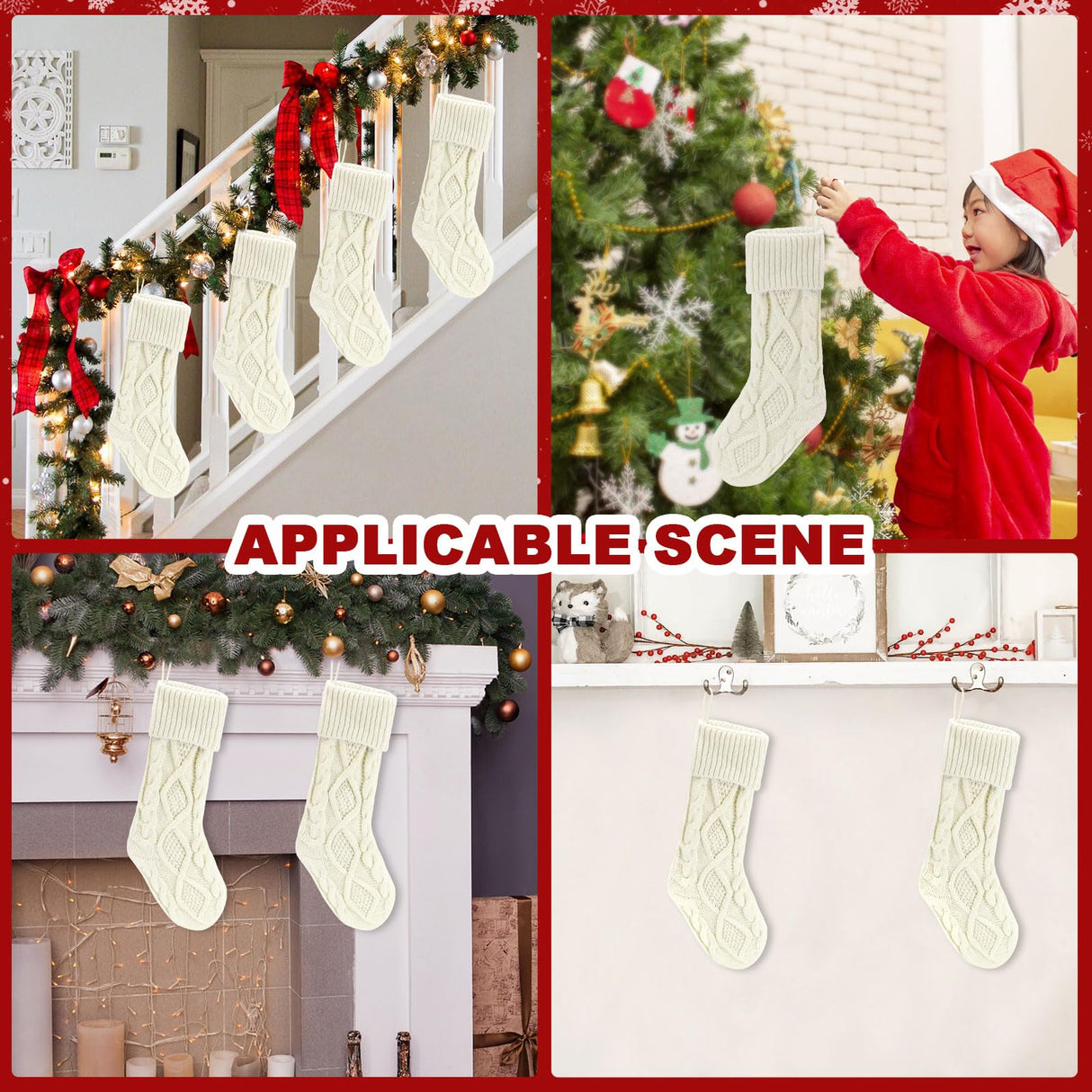 chamvis Christmas Stockings Cable Knitted Xmas Stockings, 4 Pack 18 Inches Fireplace Hanging White Christmas Stockings for Family Xmas Holiday, Christmas Tree, Fireplace Decorations chamvis