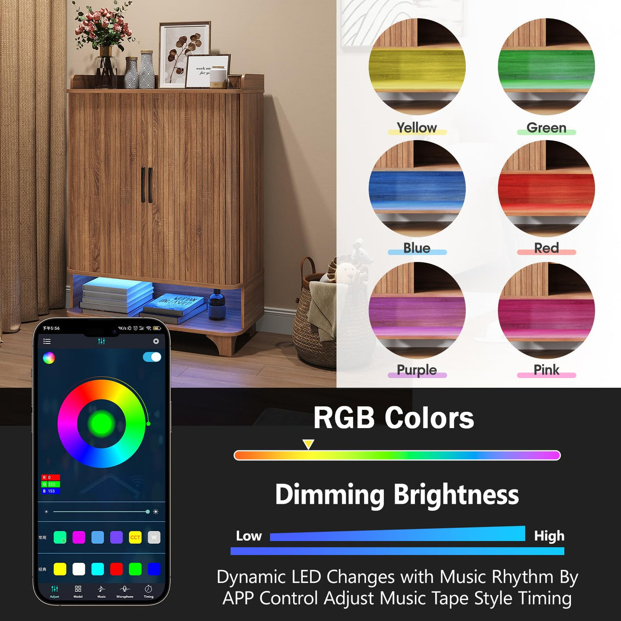 Maupvit 6-Tier Shoe Cabinet with Fluted Sliding Tambour Doors, Entryway Shoe Storage Cabinet with Led Light & Open Storage, 4 Adjustable Shelf, Shoes Rack Organizer for Entryway, Hallway, Living Room Maupvit