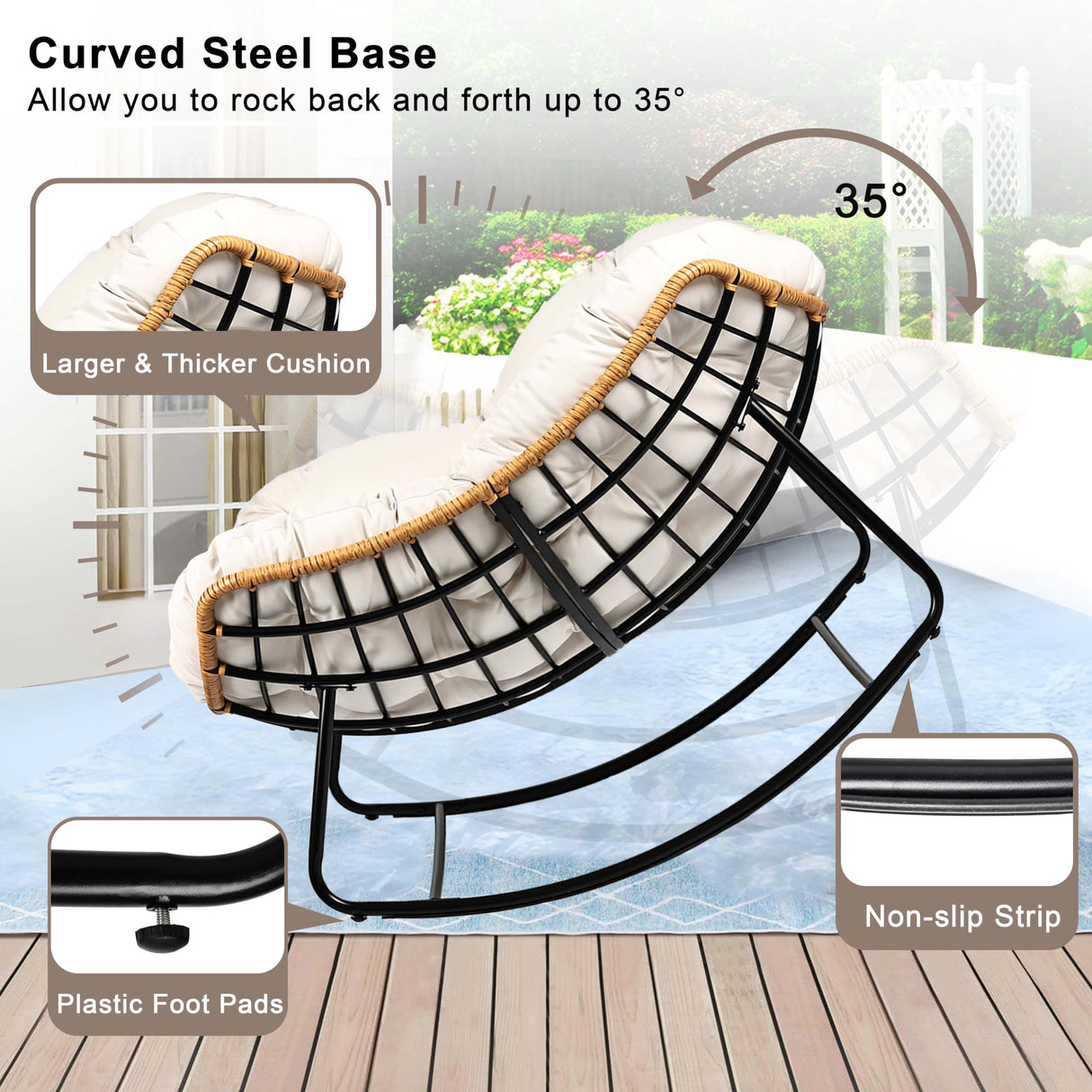 knocetx Rocking Egg Chair, Outdoor Rocking Chair with Thick Cushion, Modern Indoor Outdoor Papasan Rocking Chair, Lounge Rocker for Balcony, Living Room, Bedroom, Porch, Patio, Lawn, Garden (Ivory) knocetx