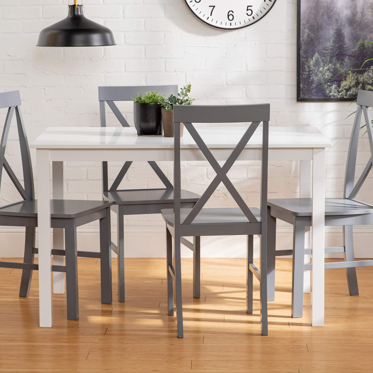 Walker Edison 4 Person Modern Farmhouse Wood Small Dining Table Dining Room Kitchen Table Set Dining 4 X Chairs Set, 48 Inch, White and Grey Walker Edison