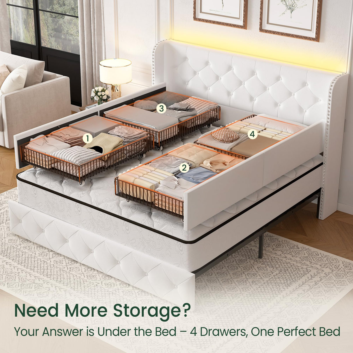 LARMACE Queen Size Bed Frame with Storage Drawers and Tufted Headboard Velvet Upholstered Platform Bed Frame with LED Light Wingback Beds with Wooden Slats Support, Easy Assembly, White LARMACE