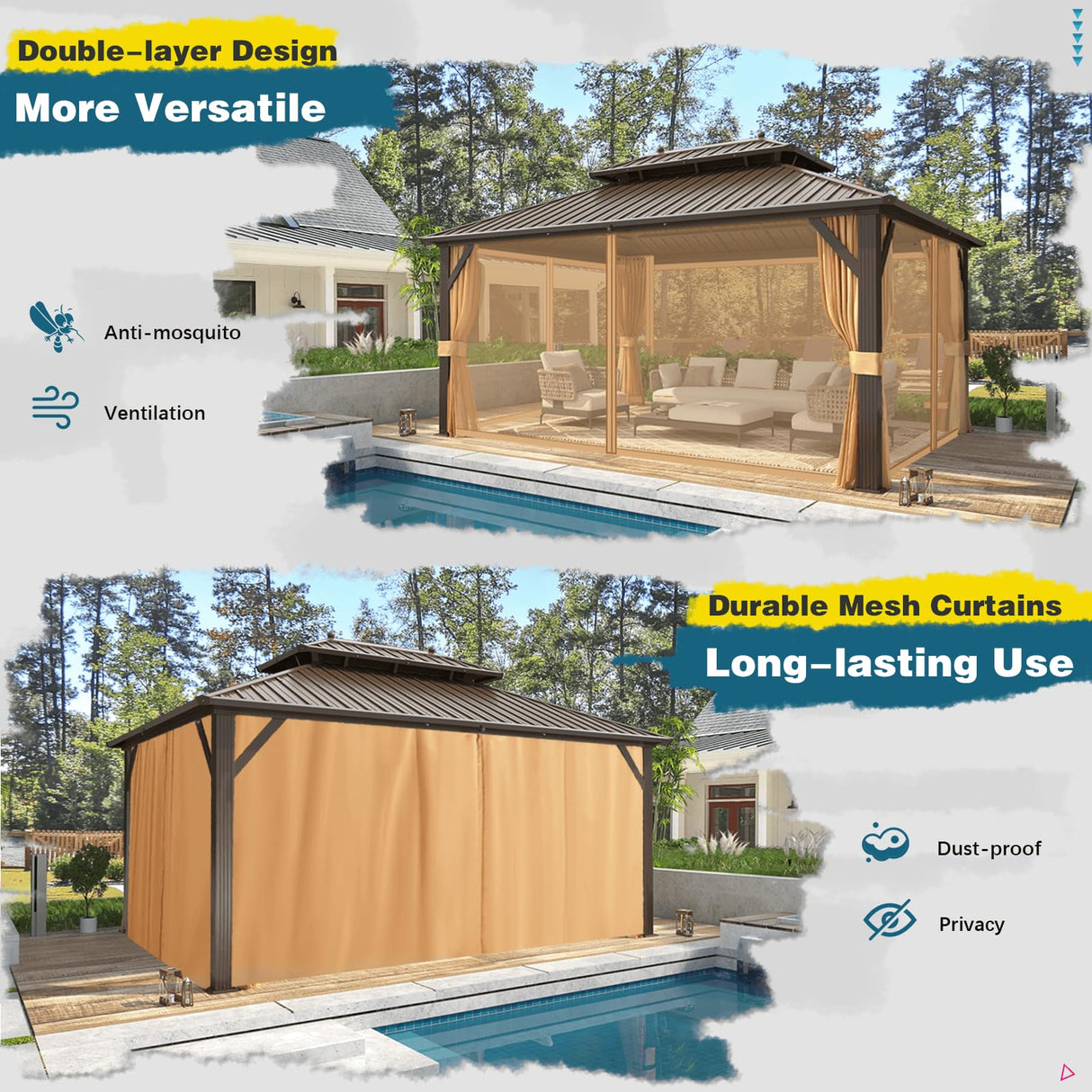 MELLCOM 12'x16' Hardtop Gazebo, Galvanized Steel Metal Double Roof Aluminum Gazebo with Curtains and Netting, Brown Permanent Pavilion Gazebo with Aluminum Frame for Patio, Lawn & Garden MELLCOM