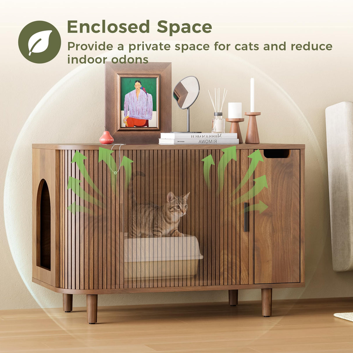 IRONCK Cat Litter Box Enclosure with Sliding Tambour Door, Wooden Litter Box Enclosure Furniture with 2-Layer Drawer, Hidden Cat House, Side End Table for Living Room, Brown IRONCK