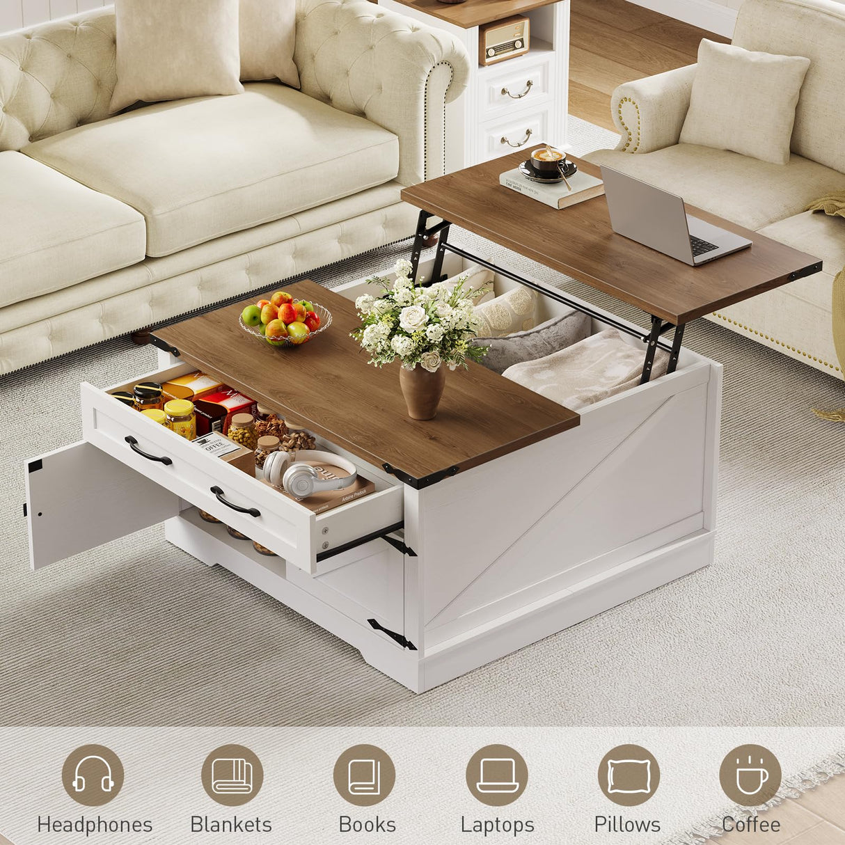 RALGEND Farmhouse Lift Top Coffee Table with Storage, Square Wooden Center Table with Drawers for Living Room, Rustic Coffee Table with Hidden Compartment, White and Walnut