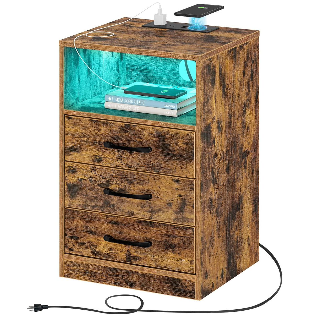 Seventable Nightstand with Wireless Charging Station and LED Lights, Rustic End Side Table with 3 Drawers and Open Compartment for Bedroom, Rustic Brown Seventable