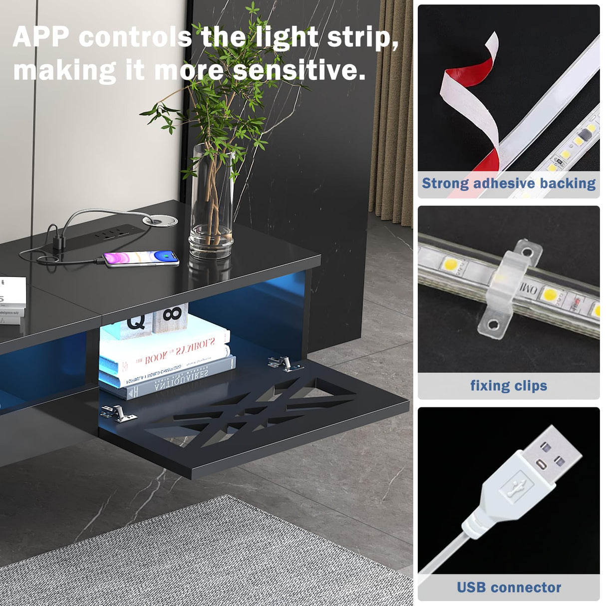 ANTISTA Floating TV Stand, 71" Floating Entertainment Center Wall Mounted,Floating Wall Mounted TV Shelf with Led Lights and Power Outlet,Modern High Gloss tv Cabinet Media Console with Storage ANTISTA