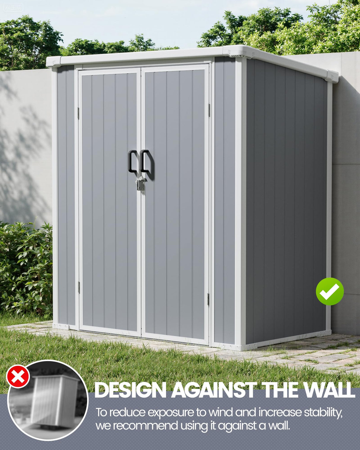 NOVIRE 5x3 Resin Garden Sheds & Outdoor Storage on Clearance, Weather-Resistant Plastic Shed with Floor and Lockable Door for Garden Tools, Lawn Mower, Bike, Backyard Organization, Aritic Light Grey NOVIRE