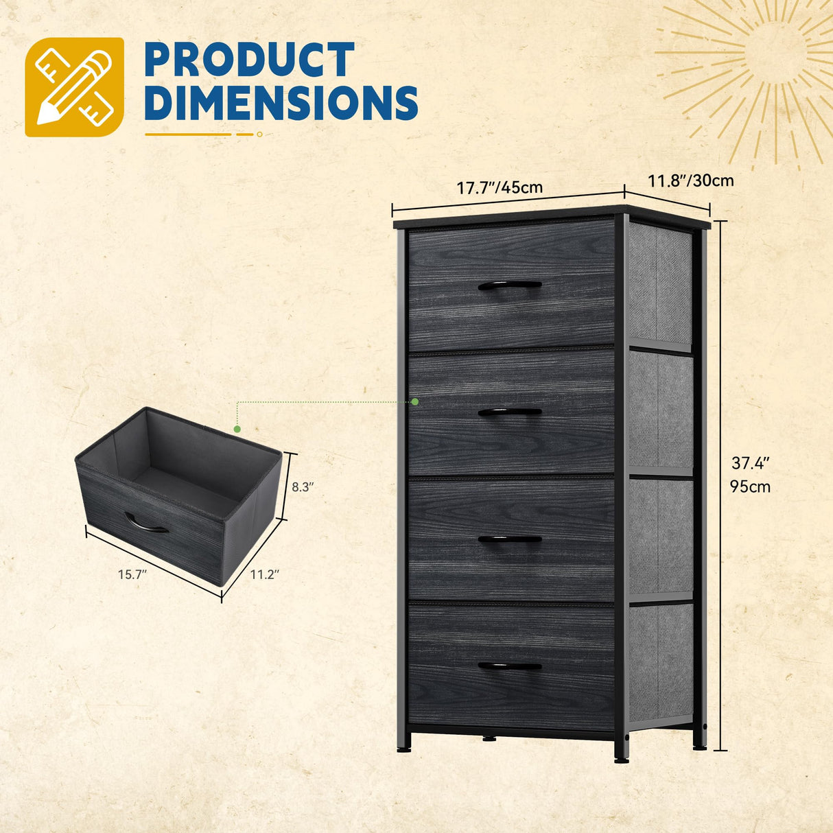 DWVO 4 Drawers Dresser, Dresser for Bedroom, Fabric Storage Tower, Chest of Drawers, Organizer Unit for Closets, Living Room, Sturdy Steel Frame, Wooden Top, Easy Pull Fabric Bins DWVO